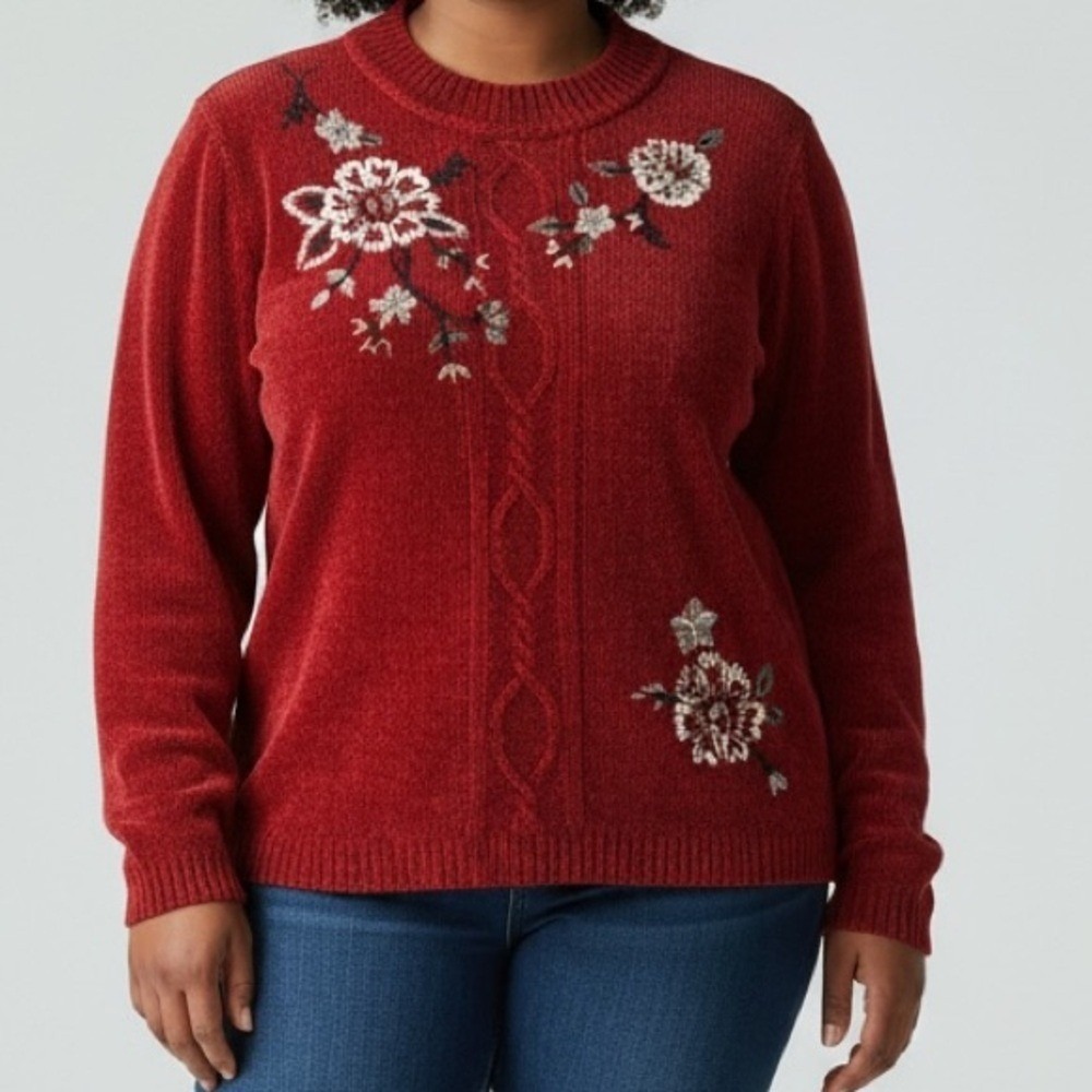 Alfred Dunner Red Chenille Floral Embroidered Cable Knit Sweater Womens Large
